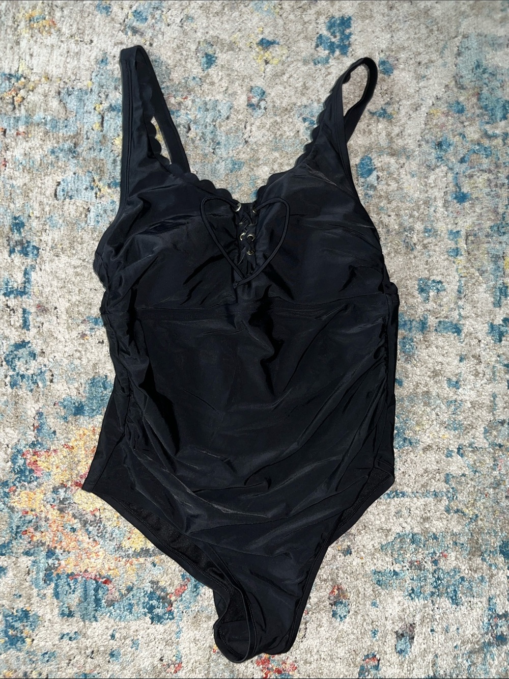 Kona Sol Black Lace-Up One-Piece Swimsuit with Scalloped Trim